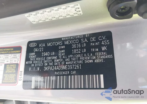 2021 Kia Rio S из США, поврежденный, VIN 3KPA24AD9ME397261